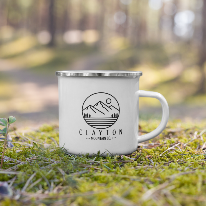 Clayton Mountain Co. - Clayton, GA - Lightweight Adventure Enamel Mug | North Georgia Design - Enamel Mug White 12 Oz Right