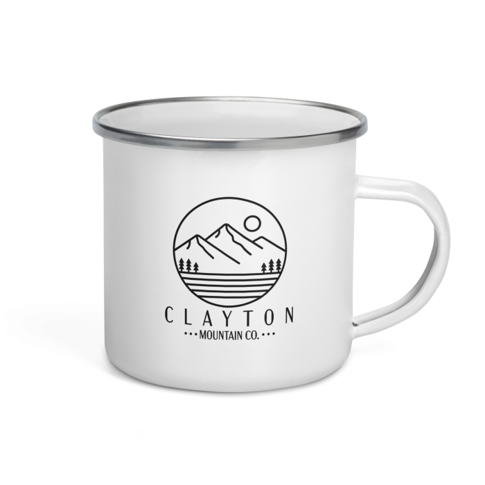 Clayton Mountain Co. - Clayton, GA - Lightweight Adventure Enamel Mug | North Georgia Design - Enamel Mug White 12 Oz Right