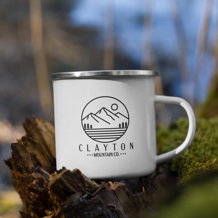 Clayton Mountain Co. - Clayton, GA - Lightweight Adventure Enamel Mug | North Georgia Design - Enamel Mug White 12 Oz Right