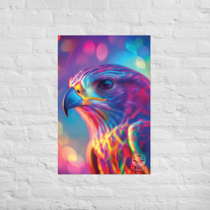 Clayton Mountain Co. - Clayton, GA - Psychedelic Hawk Poster | Vibrant 24"x36" Wildlife Artwork - Enhanced Matte Paper Poster (In) 24X36 Front