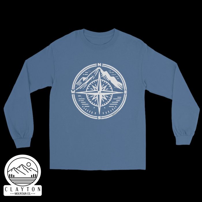 Clayton Mountain Co. - Clayton, GA - Step Into Adventure with the Compass Long-Sleeve Tee - Mens Long Sleeve Shirt Indigo Blue Front 