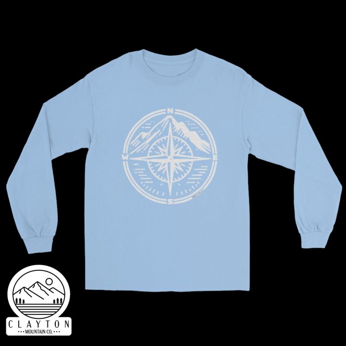 Clayton Mountain Co. - Clayton, GA - Step Into Adventure with the Compass Long-Sleeve Tee - Mens Long Sleeve Shirt Light Blue Front 