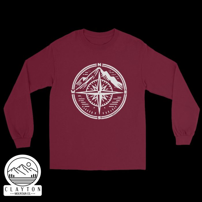 Clayton Mountain Co. - Clayton, GA - Step Into Adventure with the Compass Long-Sleeve Tee - Mens Long Sleeve Shirt Maroon Front 