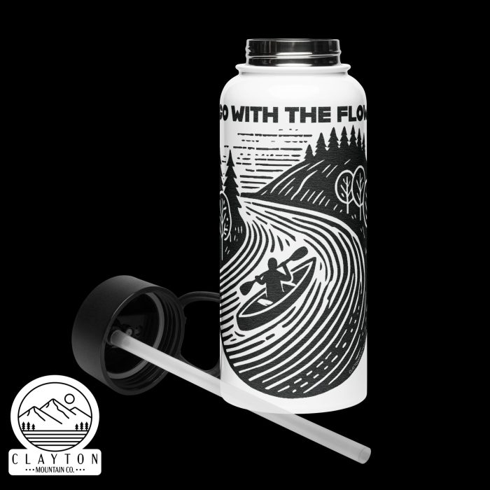 Clayton Mountain Co. - Clayton, GA - Go With The Flow 32 oz Stainless Steel Water Bottle - Stainless Steel Water Bottle With A Straw Lid White 32 Oz Front 