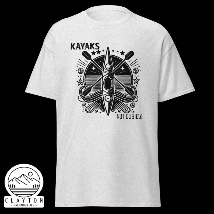 Clayton Mountain Co. - Clayton, GA - Kayaks, Not Cubicles T-Shirt - Bold Kayak Adventure Tee - Unisex Classic Tee Ash Front 