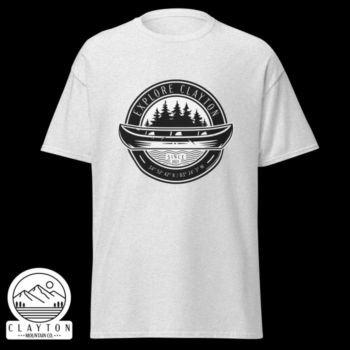 Clayton Mountain Co. - Clayton, GA - Explore Clayton Canoe T-Shirt – Nature-Inspired Adventure Tee for Outdoor Lovers - Unisex Classic Tee Ash Front 