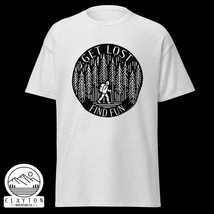 Clayton Mountain Co. - Clayton, GA - Get Lost, Find Fun T-Shirt - Hiking Adventure Shirt - Unisex Classic Tee Ash Front 