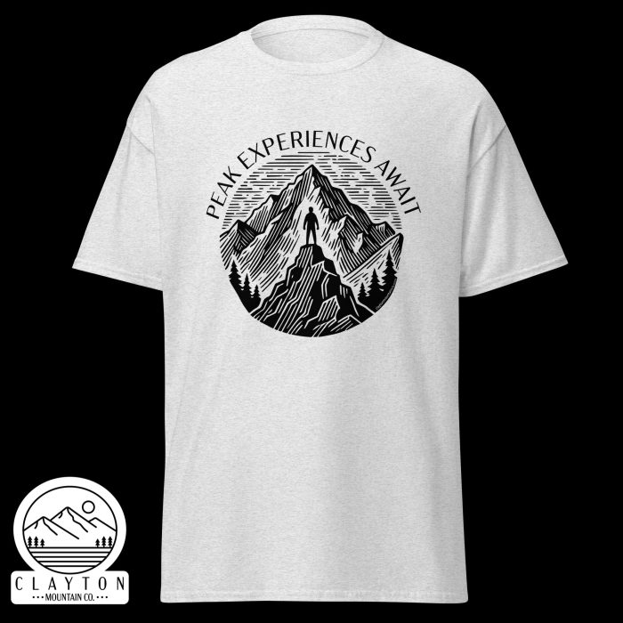 Clayton Mountain Co. - Clayton, GA - Peak Experiences Await T-Shirt - Hiking Adventure Tee - Unisex Classic Tee Ash Front 