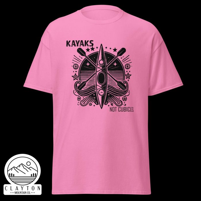 Clayton Mountain Co. - Clayton, GA - Kayaks, Not Cubicles T-Shirt - Bold Kayak Adventure Tee - Unisex Classic Tee Azalea Front 