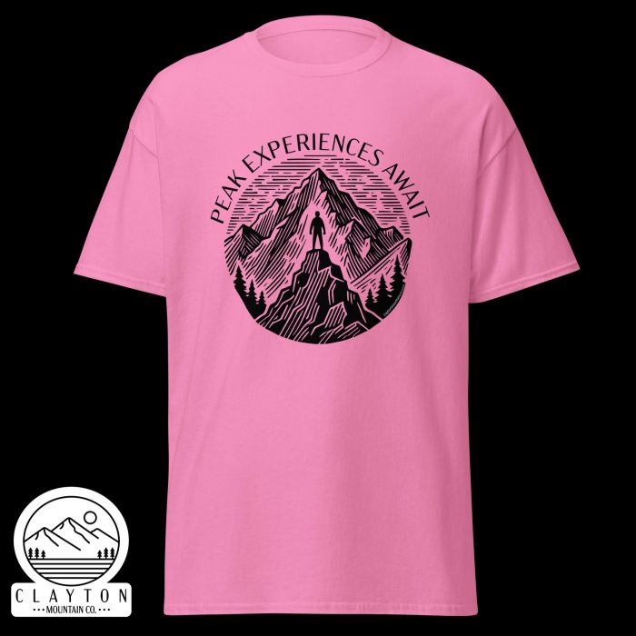 Clayton Mountain Co. - Clayton, GA - Peak Experiences Await T-Shirt - Hiking Adventure Tee - Unisex Classic Tee Azalea Front 