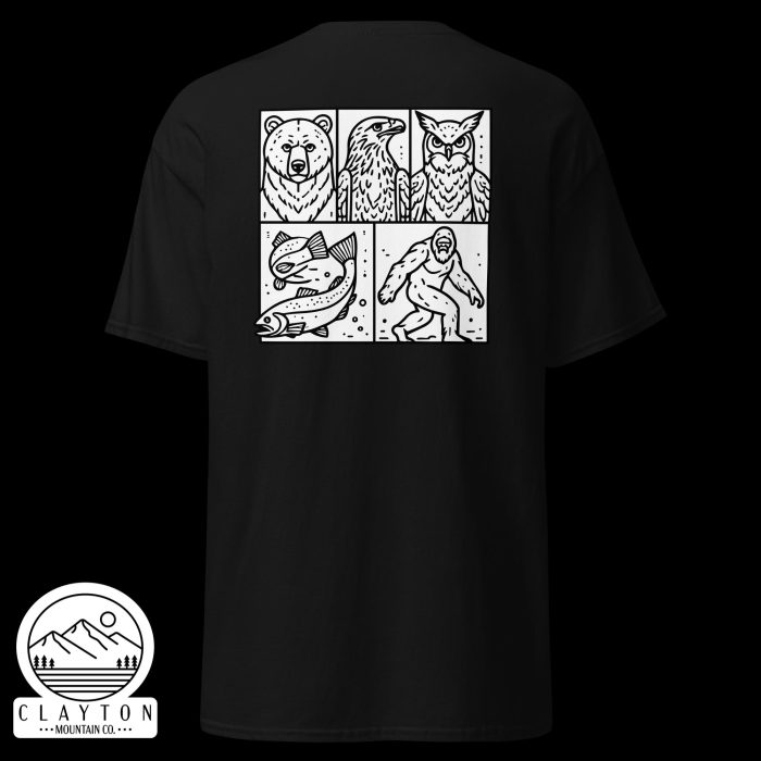 Clayton Mountain Co. - Clayton, GA - Wildlife & Mythology T-Shirt | North Georgia Adventure Design - Unisex Classic Tee Black Back 