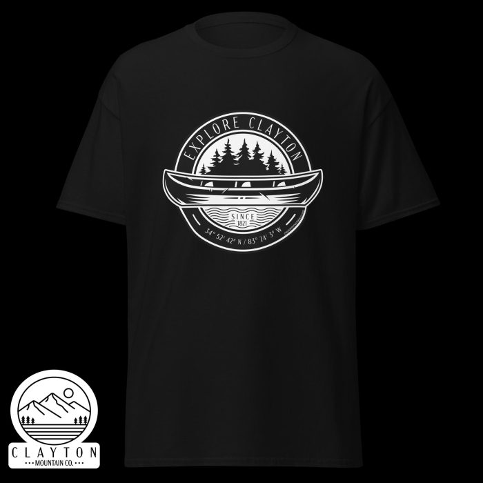 Clayton Mountain Co. - Clayton, GA - Explore Clayton Canoe T-Shirt – Nature-Inspired Adventure Tee for Outdoor Lovers - Unisex Classic Tee Black Front 