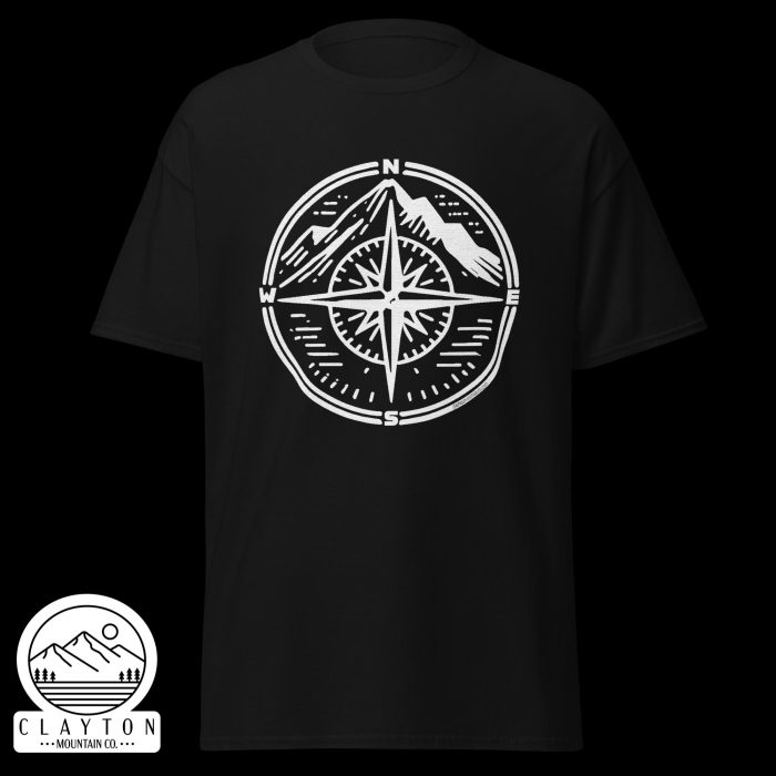 Clayton Mountain Co. - Clayton, GA - Adventure Awaits Compass Tee – Navigate Your Journey - Unisex Classic Tee Black Front 