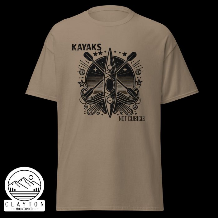 Clayton Mountain Co. - Clayton, GA - Kayaks, Not Cubicles T-Shirt - Bold Kayak Adventure Tee - Unisex Classic Tee Brown Savana Front 