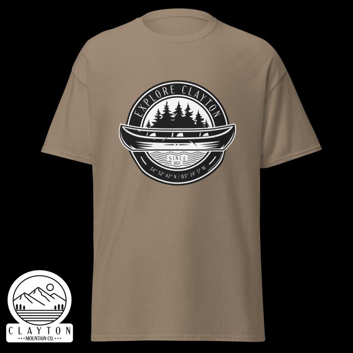 Clayton Mountain Co. - Clayton, GA - Explore Clayton Canoe T-Shirt – Nature-Inspired Adventure Tee for Outdoor Lovers - Unisex Classic Tee Brown Savana Front 