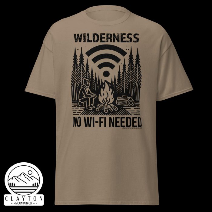 Clayton Mountain Co. - Clayton, GA - Wilderness: No Wi-Fi Needed T-Shirt - Camping Adventure Tee - Unisex Classic Tee Brown Savana Front 