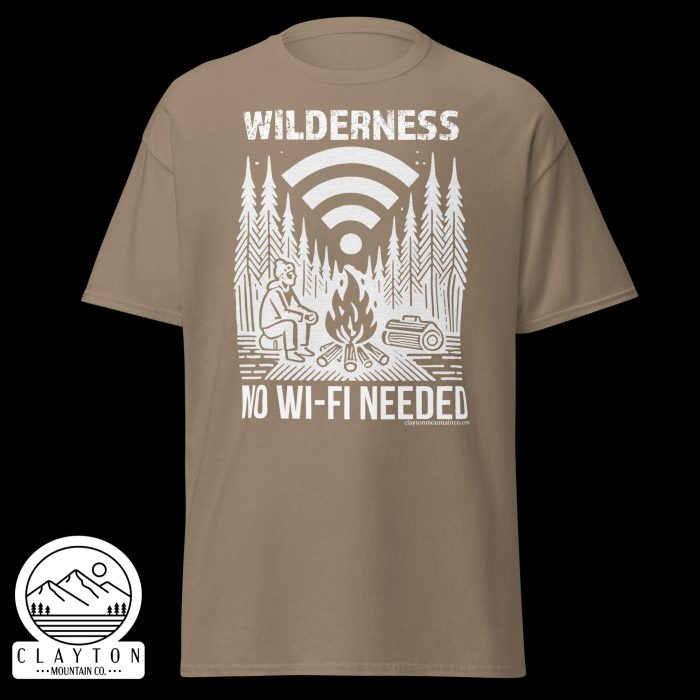 Clayton Mountain Co. - Clayton, GA - Wilderness: No Wi-Fi Needed T-Shirt - Camping Adventure Tee - Unisex Classic Tee Brown Savana Front 