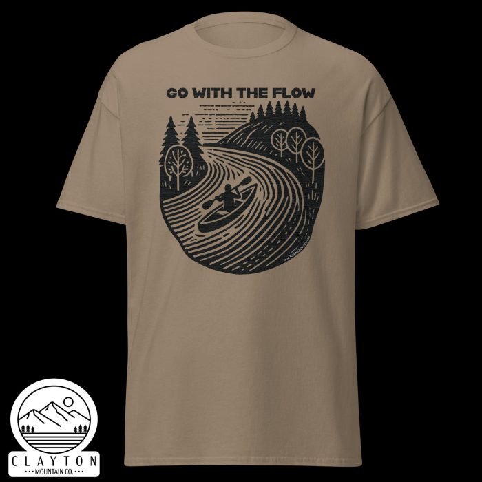 Clayton Mountain Co. - Clayton, GA - Go With The Flow T-Shirt - Kayak Adventure Tee - Unisex Classic Tee Brown Savana Front 