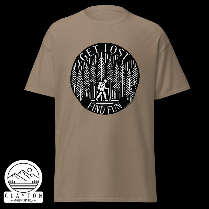 Clayton Mountain Co. - Clayton, GA - Get Lost, Find Fun T-Shirt - Hiking Adventure Shirt - Unisex Classic Tee Brown Savana Front 