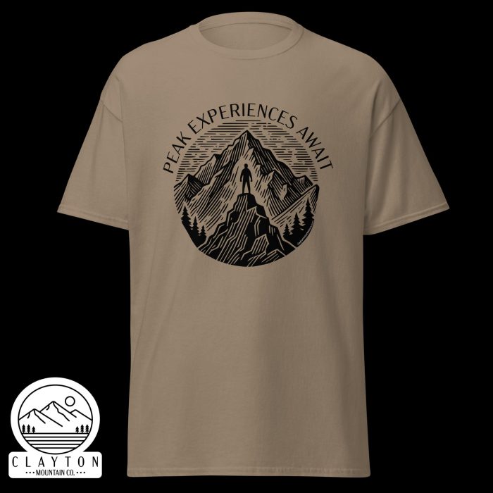 Clayton Mountain Co. - Clayton, GA - Peak Experiences Await T-Shirt - Hiking Adventure Tee - Unisex Classic Tee Brown Savana Front 