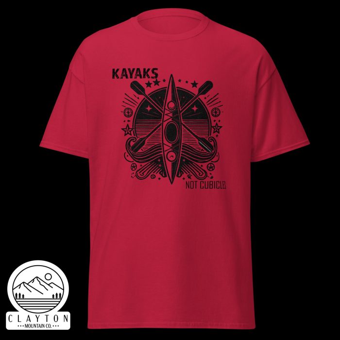 Clayton Mountain Co. - Clayton, GA - Kayaks, Not Cubicles T-Shirt - Bold Kayak Adventure Tee - Unisex Classic Tee Cardinal Front 