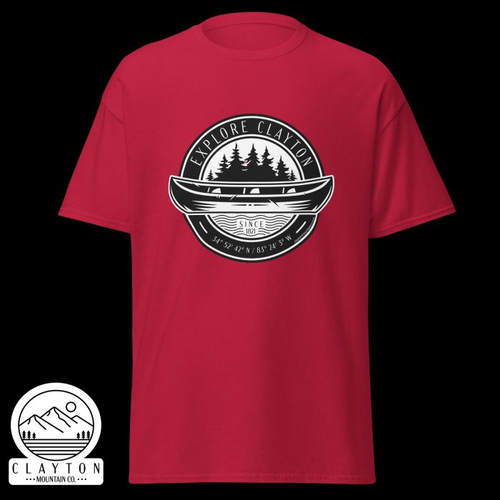 Clayton Mountain Co. - Clayton, GA - Explore Clayton Canoe T-Shirt – Nature-Inspired Adventure Tee for Outdoor Lovers - Unisex Classic Tee Cardinal Front 