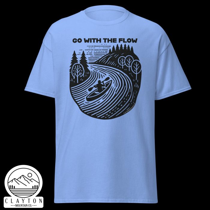 Clayton Mountain Co. - Clayton, GA - Go With The Flow T-Shirt - Kayak Adventure Tee - Unisex Classic Tee Carolina Blue Front 