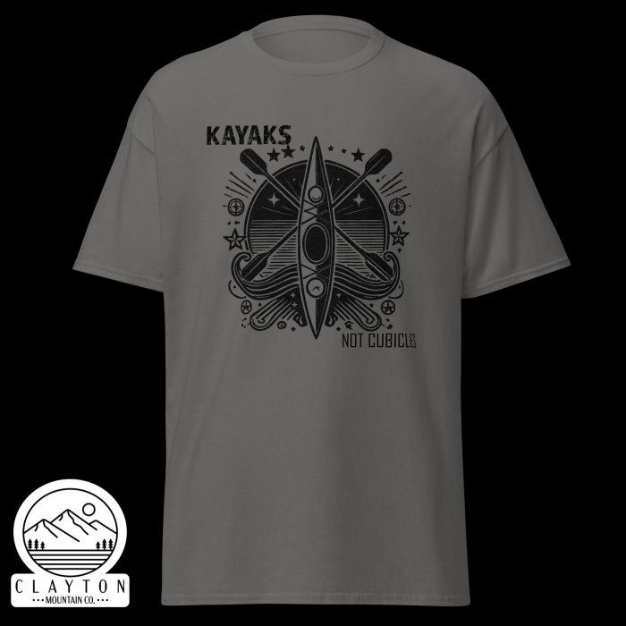 Clayton Mountain Co. - Clayton, GA - Kayaks, Not Cubicles T-Shirt - Bold Kayak Adventure Tee - Unisex Classic Tee Charcoal Front 