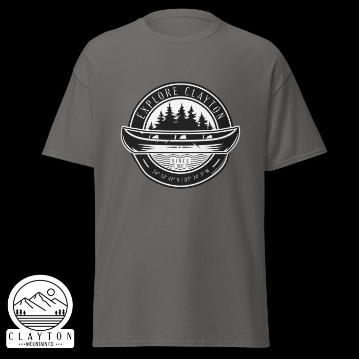 Clayton Mountain Co. - Clayton, GA - Explore Clayton Canoe T-Shirt – Nature-Inspired Adventure Tee for Outdoor Lovers - Unisex Classic Tee Charcoal Front 