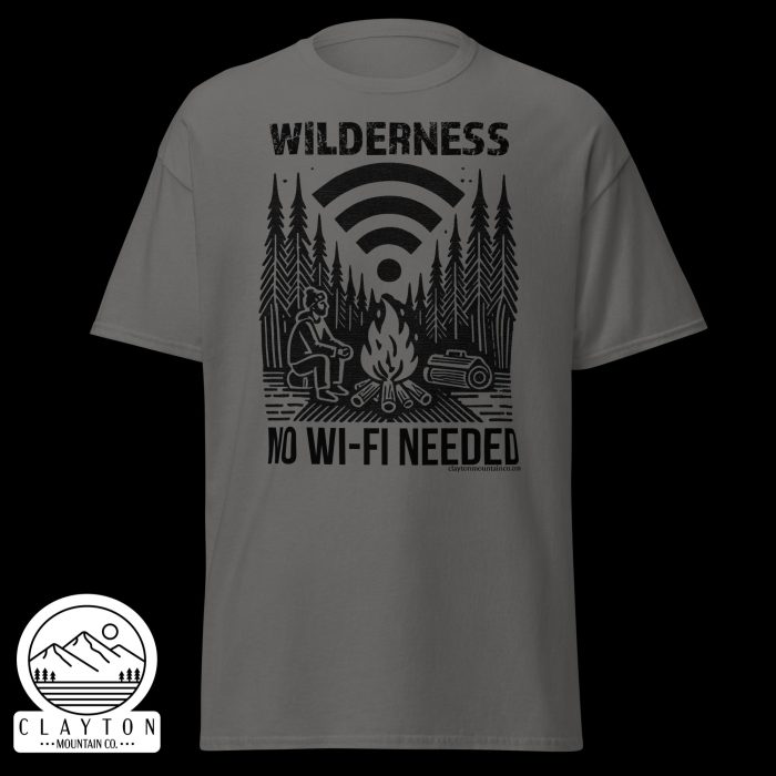 Clayton Mountain Co. - Clayton, GA - Wilderness: No Wi-Fi Needed T-Shirt - Camping Adventure Tee - Unisex Classic Tee Charcoal Front 