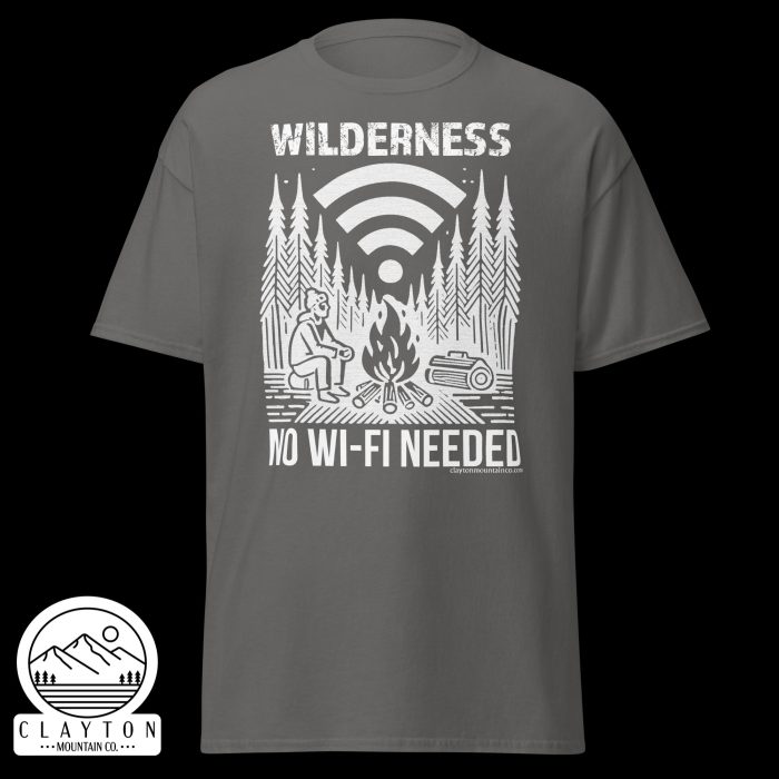 Clayton Mountain Co. - Clayton, GA - Wilderness: No Wi-Fi Needed T-Shirt - Camping Adventure Tee - Unisex Classic Tee Charcoal Front 