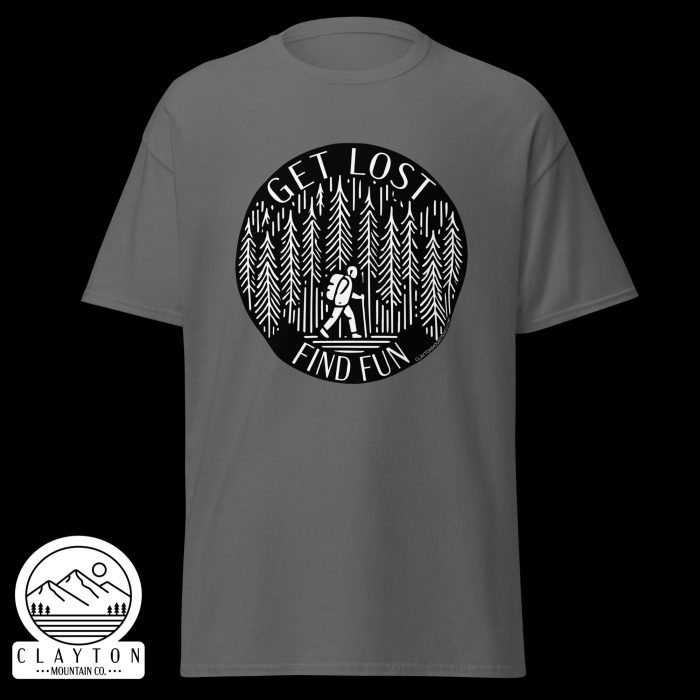 Clayton Mountain Co. - Clayton, GA - Get Lost, Find Fun T-Shirt - Hiking Adventure Shirt - Unisex Classic Tee Charcoal Front 