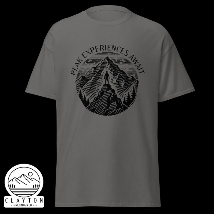 Clayton Mountain Co. - Clayton, GA - Peak Experiences Await T-Shirt - Hiking Adventure Tee - Unisex Classic Tee Charcoal Front 