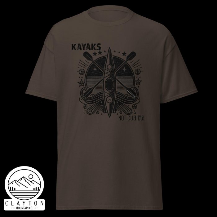 Clayton Mountain Co. - Clayton, GA - Kayaks, Not Cubicles T-Shirt - Bold Kayak Adventure Tee - Unisex Classic Tee Dark Chocolate Front 