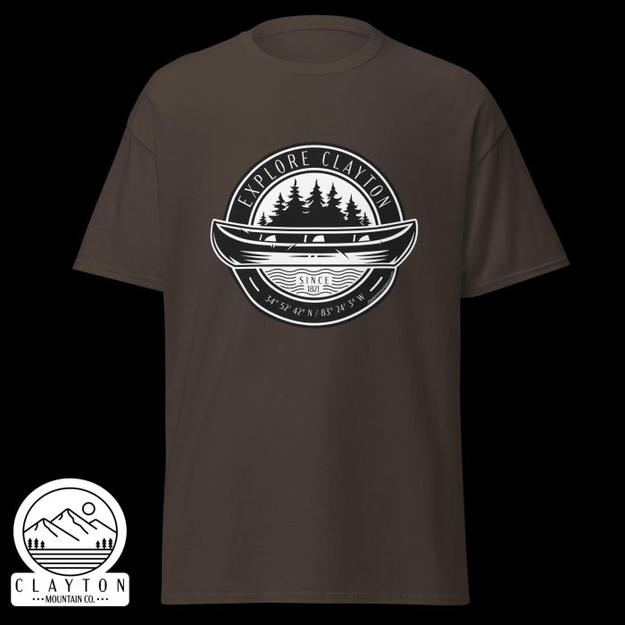 Clayton Mountain Co. - Clayton, GA - Explore Clayton Canoe T-Shirt – Nature-Inspired Adventure Tee for Outdoor Lovers - Unisex Classic Tee Dark Chocolate Front 