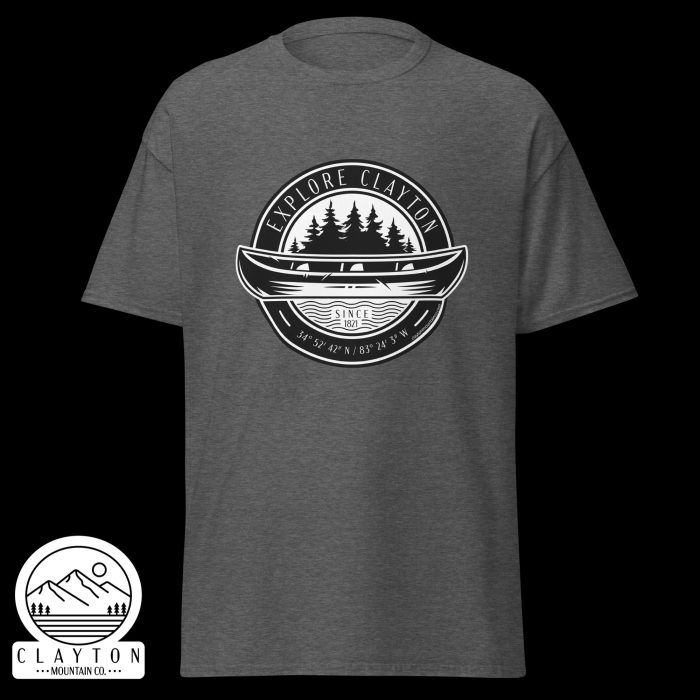 Clayton Mountain Co. - Clayton, GA - Explore Clayton Canoe T-Shirt – Nature-Inspired Adventure Tee for Outdoor Lovers - Unisex Classic Tee Dark Heather Front 