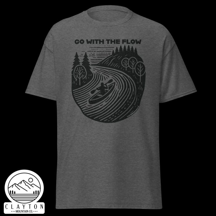 Clayton Mountain Co. - Clayton, GA - Go With The Flow T-Shirt - Kayak Adventure Tee - Unisex Classic Tee Dark Heather Front 