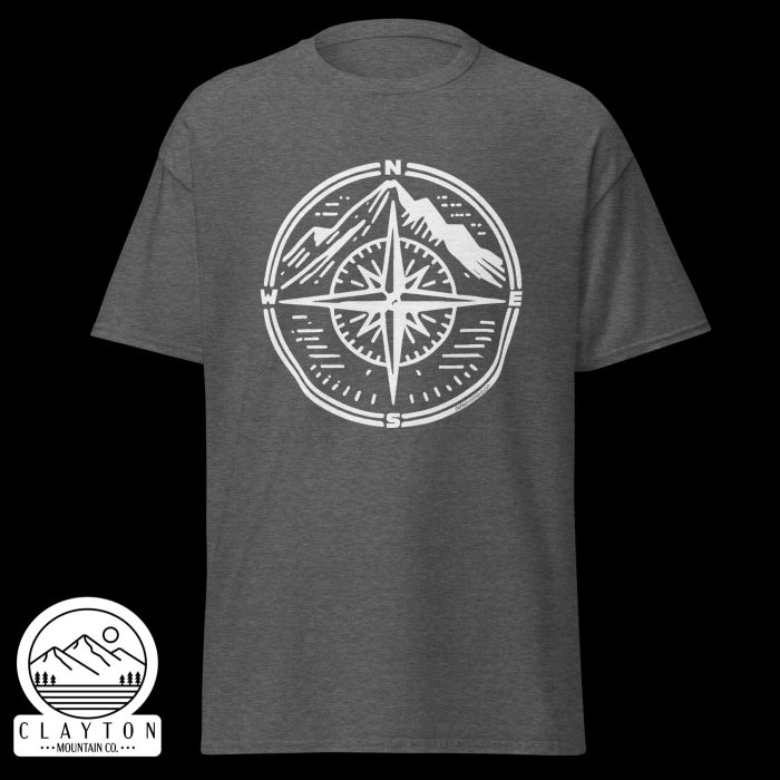 Clayton Mountain Co. - Clayton, GA - Adventure Awaits Compass Tee – Navigate Your Journey - Unisex Classic Tee Dark Heather Front 