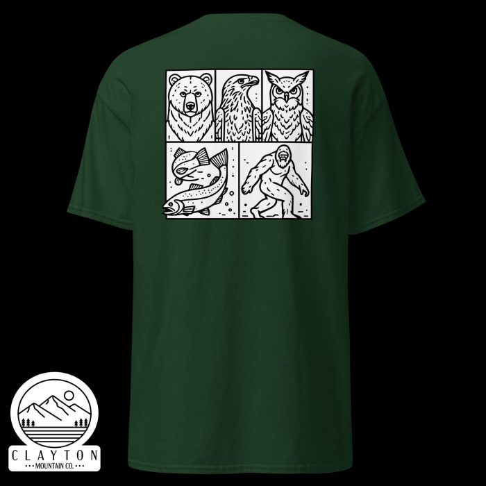 Clayton Mountain Co. - Clayton, GA - Wildlife & Mythology T-Shirt | North Georgia Adventure Design - Unisex Classic Tee Forest Green Back 