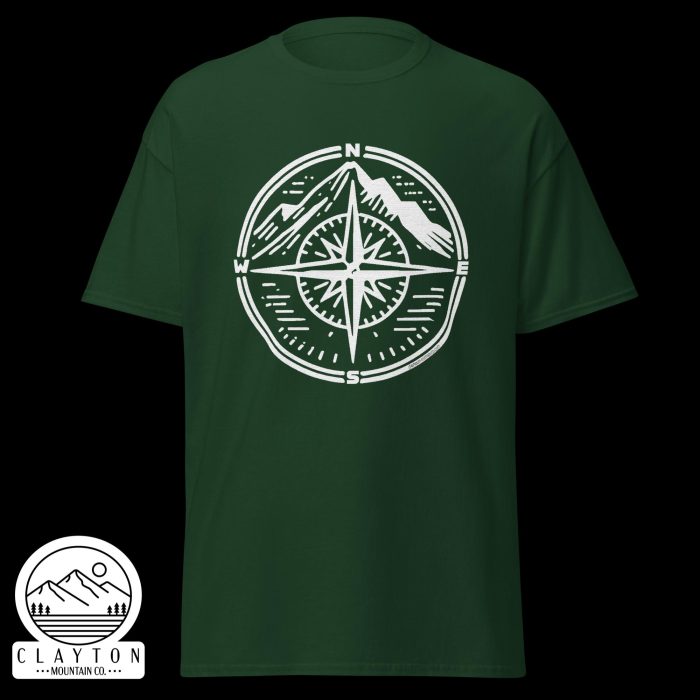 Clayton Mountain Co. - Clayton, GA - Adventure Awaits Compass Tee – Navigate Your Journey - Unisex Classic Tee Forest Green Front 