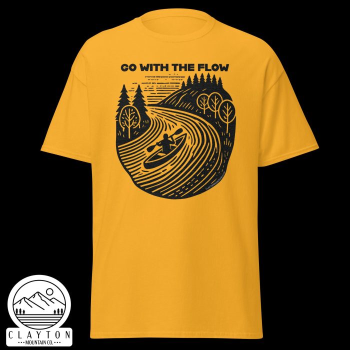 Clayton Mountain Co. - Clayton, GA - Go With The Flow T-Shirt - Kayak Adventure Tee - Unisex Classic Tee Gold Front 