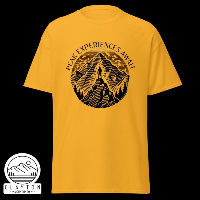 Clayton Mountain Co. - Clayton, GA - Peak Experiences Await T-Shirt - Hiking Adventure Tee - Unisex Classic Tee Gold Front 