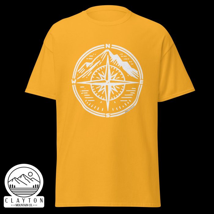 Clayton Mountain Co. - Clayton, GA - Adventure Awaits Compass Tee – Navigate Your Journey - Unisex Classic Tee Gold Front 