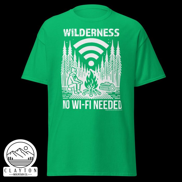 Clayton Mountain Co. - Clayton, GA - Wilderness: No Wi-Fi Needed T-Shirt - Camping Adventure Tee - Unisex Classic Tee Irish Green Front 