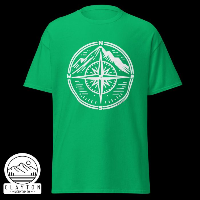 Clayton Mountain Co. - Clayton, GA - Adventure Awaits Compass Tee – Navigate Your Journey - Unisex Classic Tee Irish Green Front 