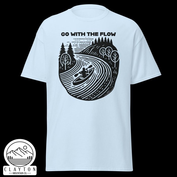 Clayton Mountain Co. - Clayton, GA - Go With The Flow T-Shirt - Kayak Adventure Tee - Unisex Classic Tee Light Blue Front 