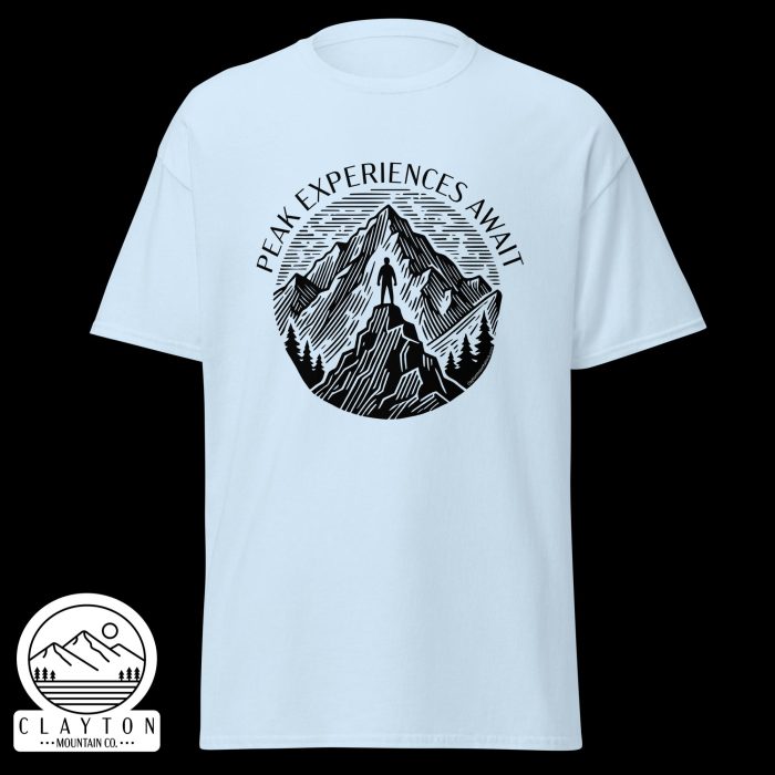 Clayton Mountain Co. - Clayton, GA - Peak Experiences Await T-Shirt - Hiking Adventure Tee - Unisex Classic Tee Light Blue Front 