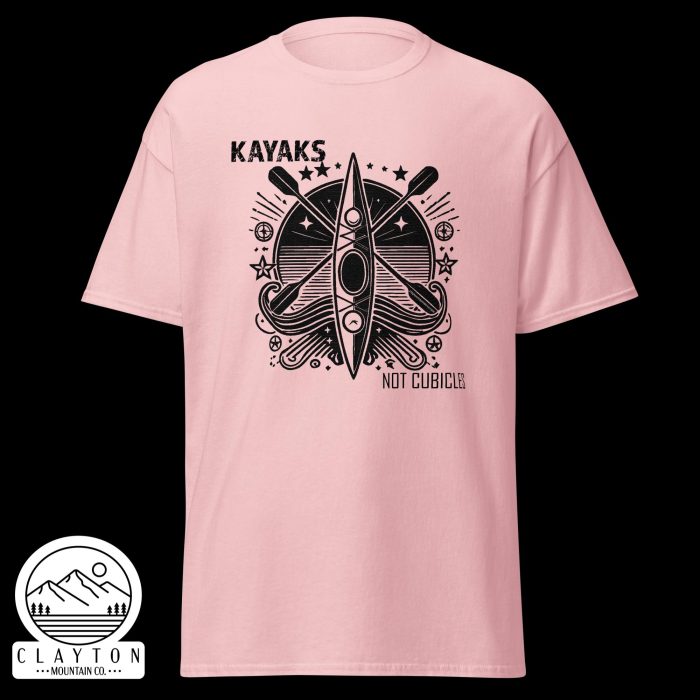 Clayton Mountain Co. - Clayton, GA - Kayaks, Not Cubicles T-Shirt - Bold Kayak Adventure Tee - Unisex Classic Tee Light Pink Front 