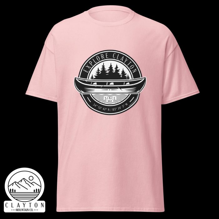 Clayton Mountain Co. - Clayton, GA - Explore Clayton Canoe T-Shirt – Nature-Inspired Adventure Tee for Outdoor Lovers - Unisex Classic Tee Light Pink Front 