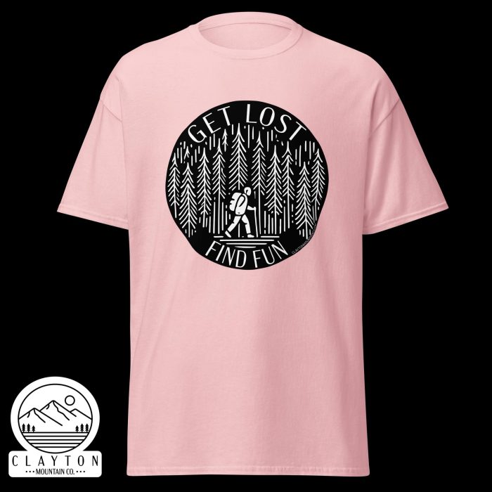 Clayton Mountain Co. - Clayton, GA - Get Lost, Find Fun T-Shirt - Hiking Adventure Shirt - Unisex Classic Tee Light Pink Front 